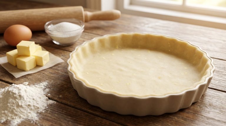 Recette de pâte à tarte sucrée maison avec ingrédients frais et outils de pâtisserie