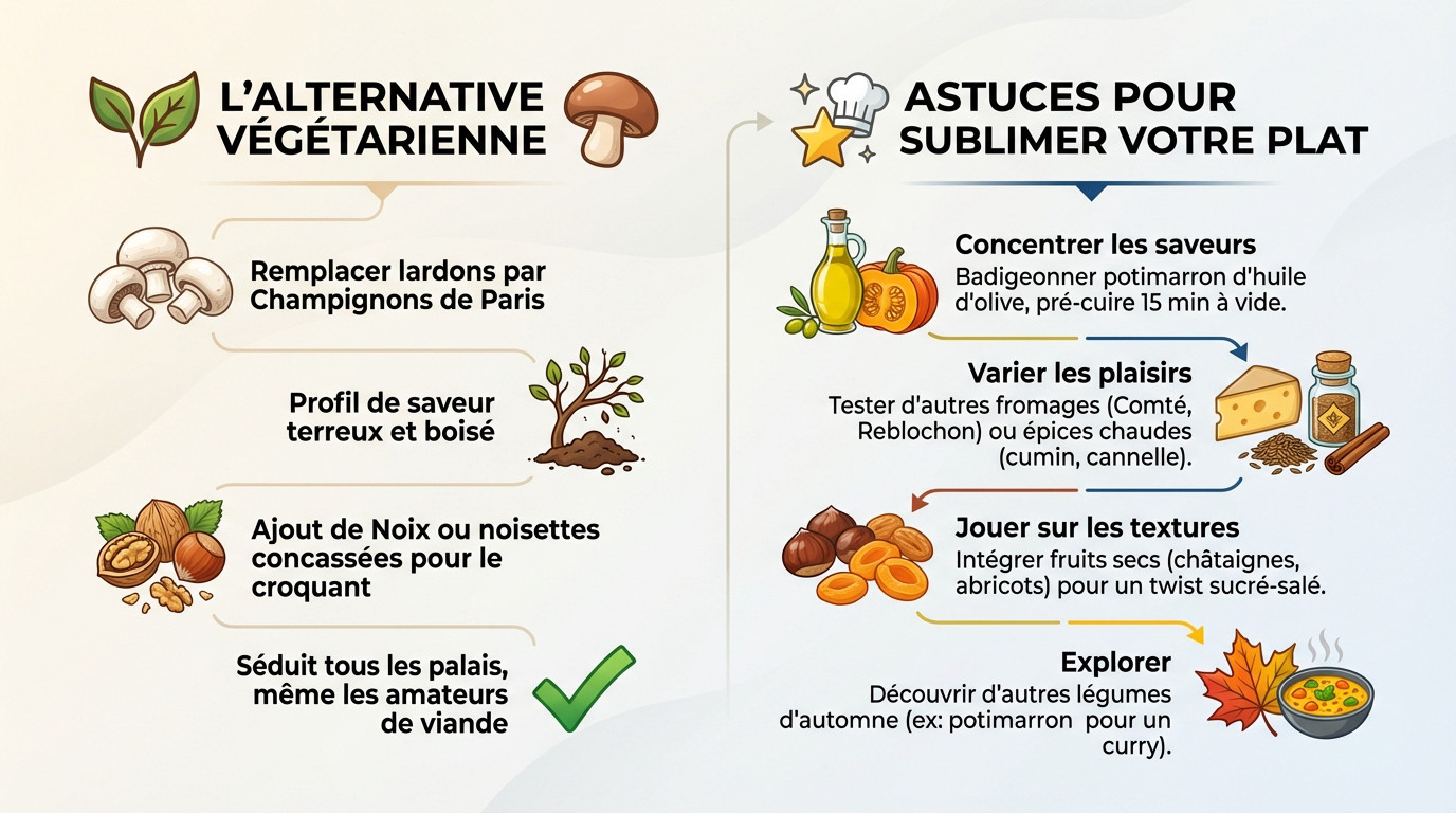 Infographie présentant l'alternative végétarienne et les astuces pour réussir son potimarron farci