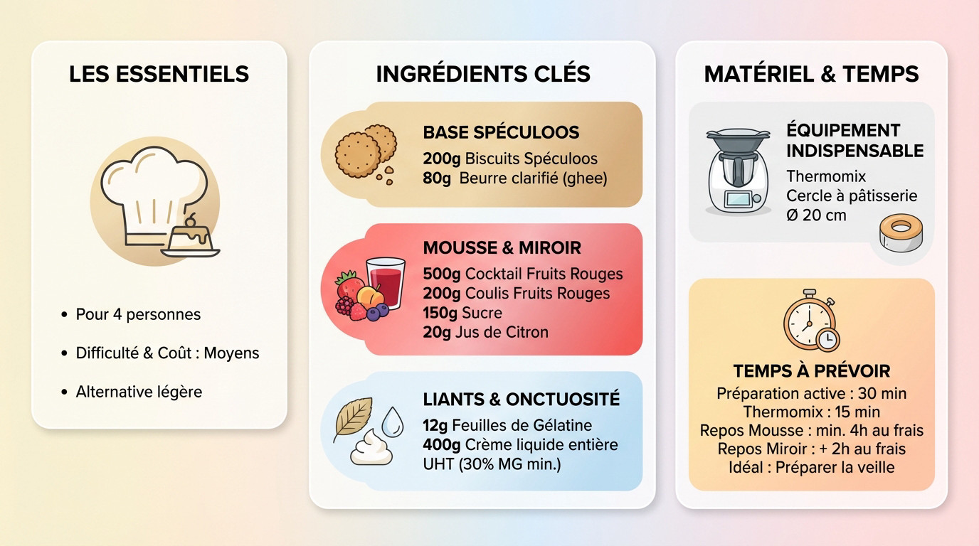 Infographie récapitulative des ingrédients, du matériel et des temps de préparation pour le bavarois aux fruits rouges Thermomix