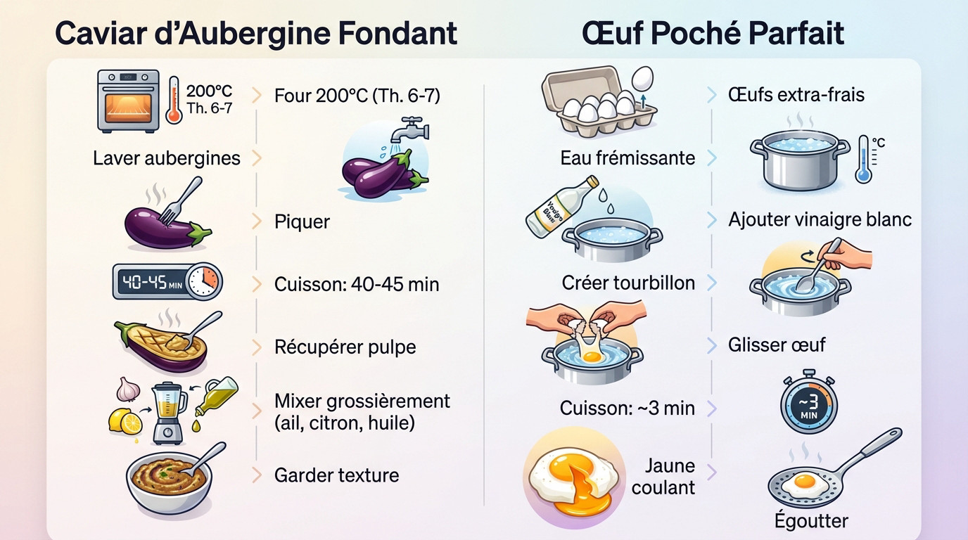 Infographie des étapes clés pour réussir le caviar d'aubergine et l'oeuf poché parfait
