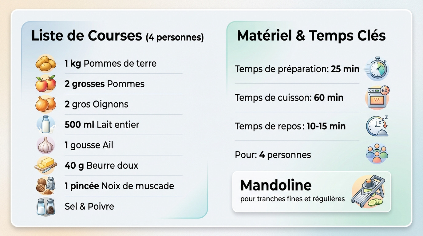 Ingrédients et matériel pour recette de gratin pommes de terre pommes fruits