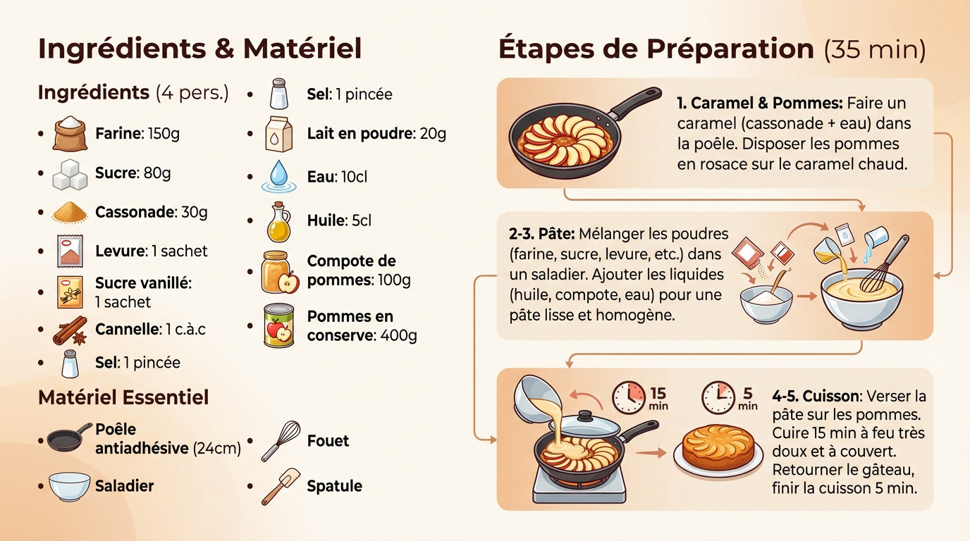 Infographie résumant les étapes du gâteau aux pommes à la poêle en 35 minutes