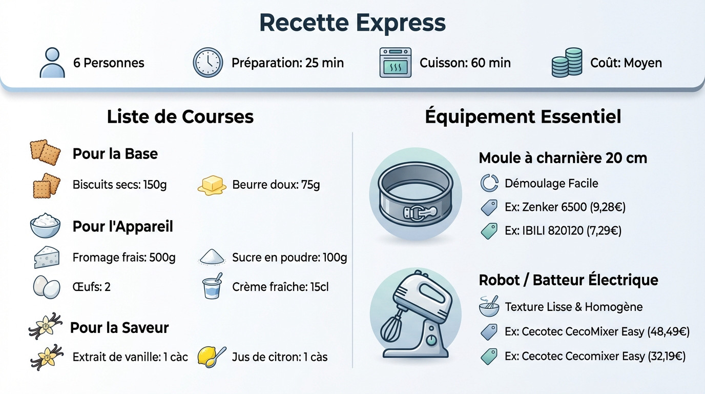 Infographie présentant les ingrédients et le matériel pour la recette express de cheesecake