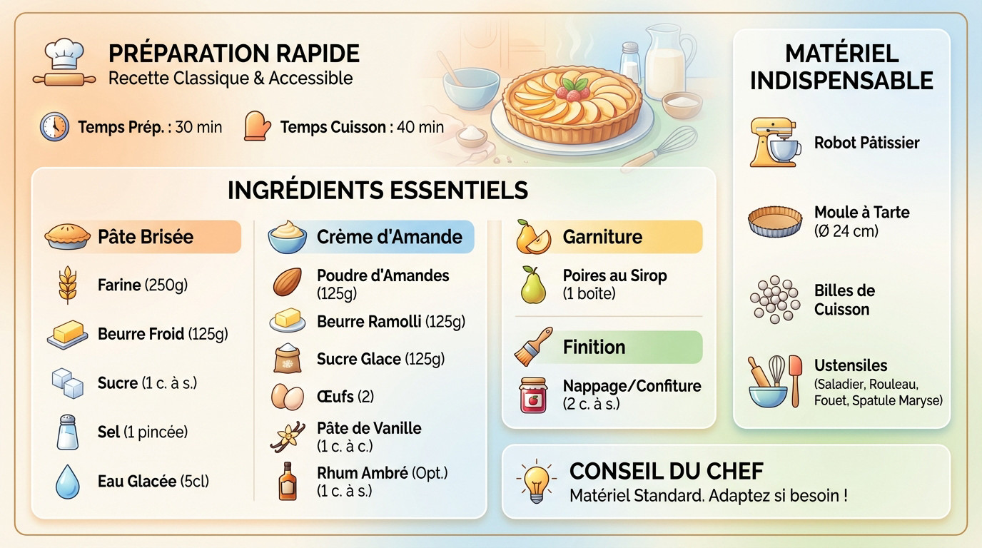 Ingrédients et matériel nécessaires pour la recette tarte bourdaloue
