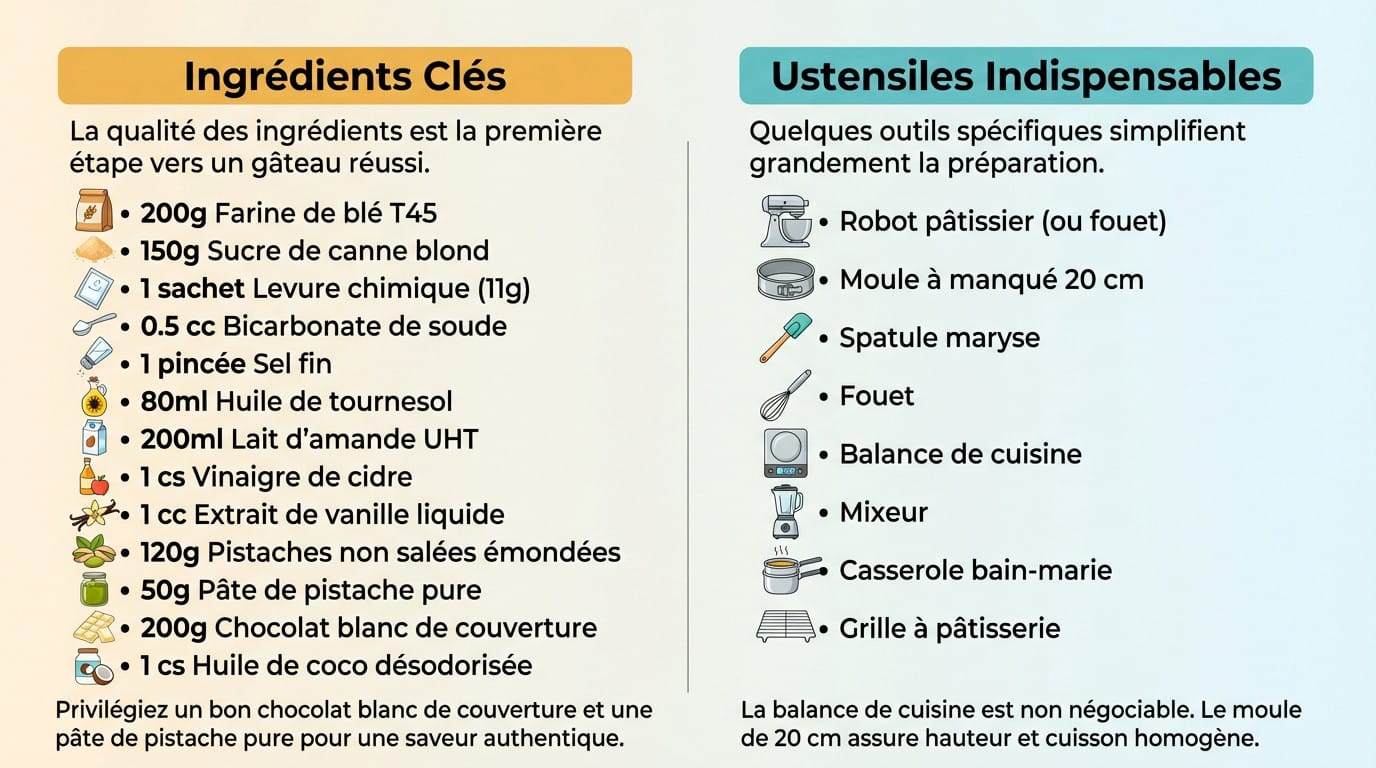 Infographie des ingrédients clés comme la pâte de pistache et les ustensiles indispensables