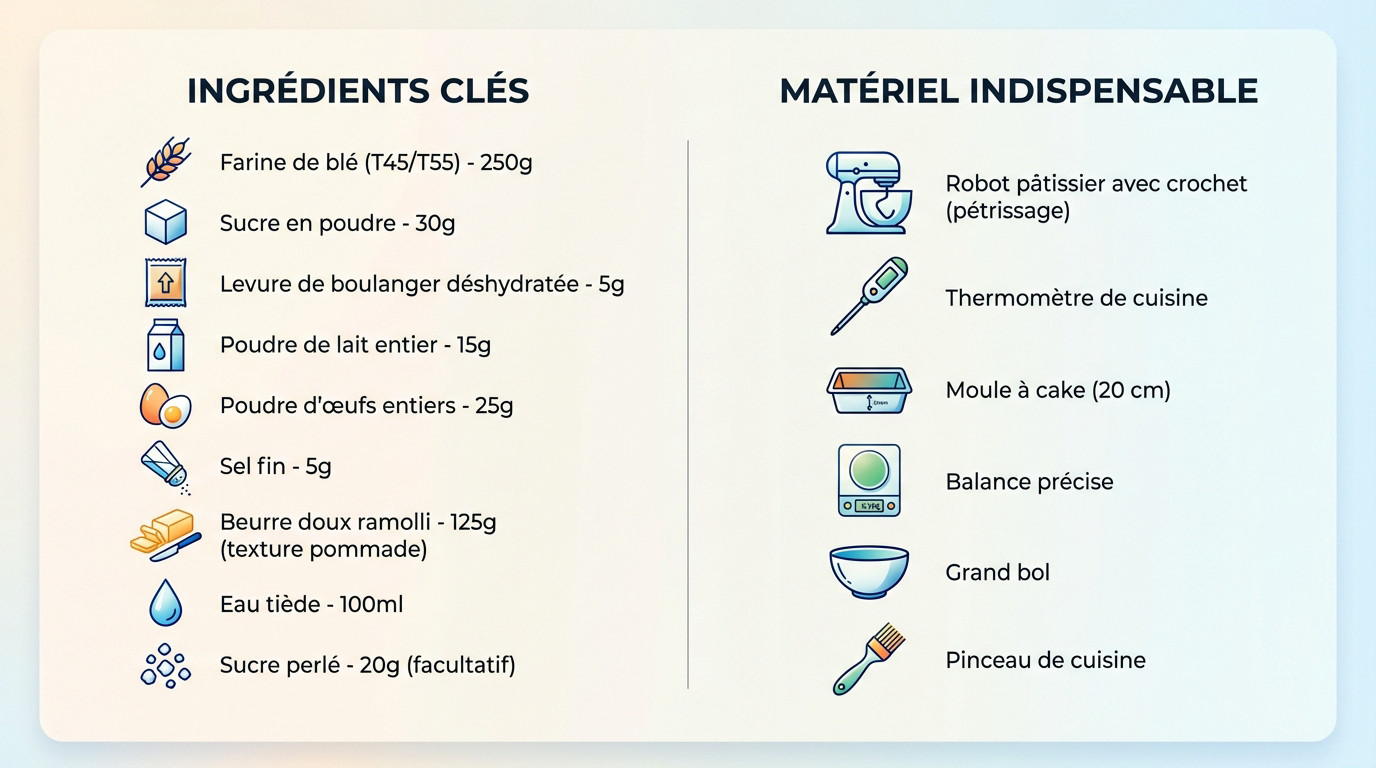 Infographie détaillée montrant les ingrédients et le matériel de pâtisserie nécessaires pour réussir une brioche maison
