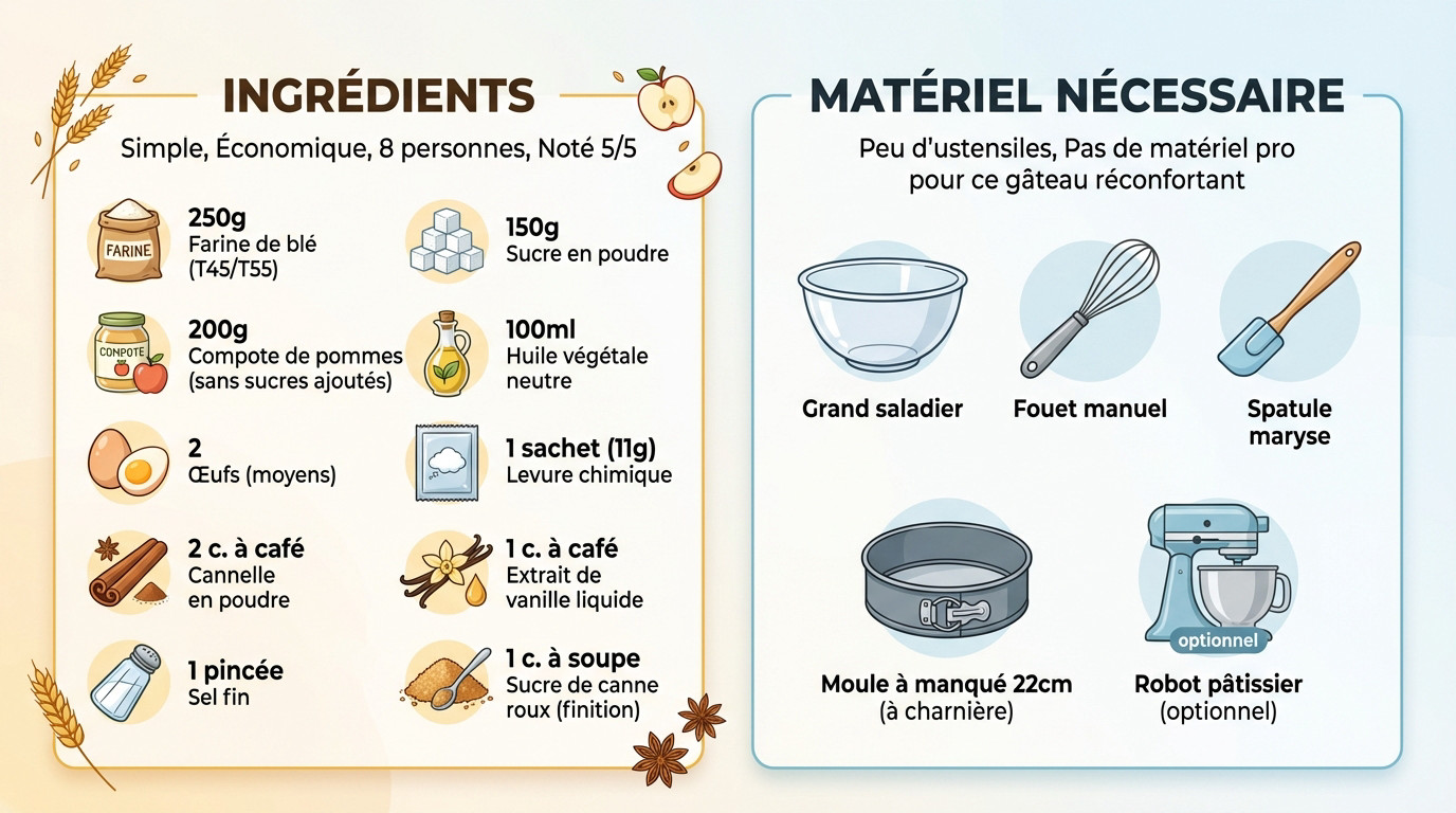 Ingrédients et ustensiles nécessaires pour la recette gateau pomme cannelle
