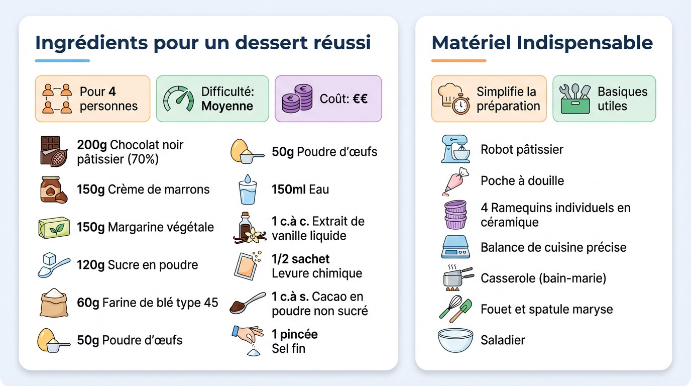 Ingrédients et matériel pour réussir le moelleux chocolat marron