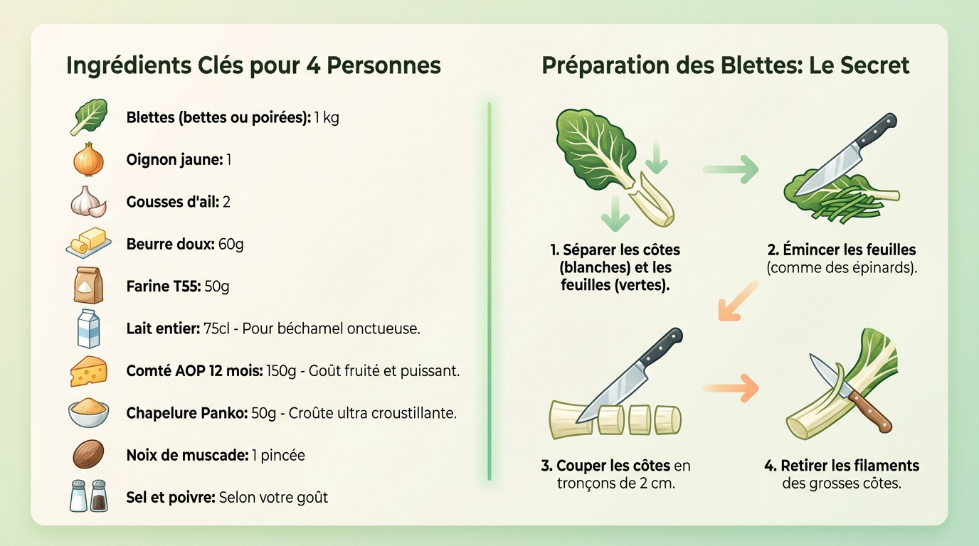 Ingrédients frais pour la recette : blettes, comté et lait