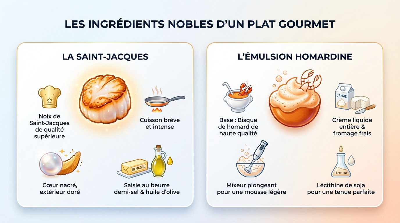 Ingrédients nobles pour verrine Saint-Jacques : noix fraîches, bisque de homard et aromates