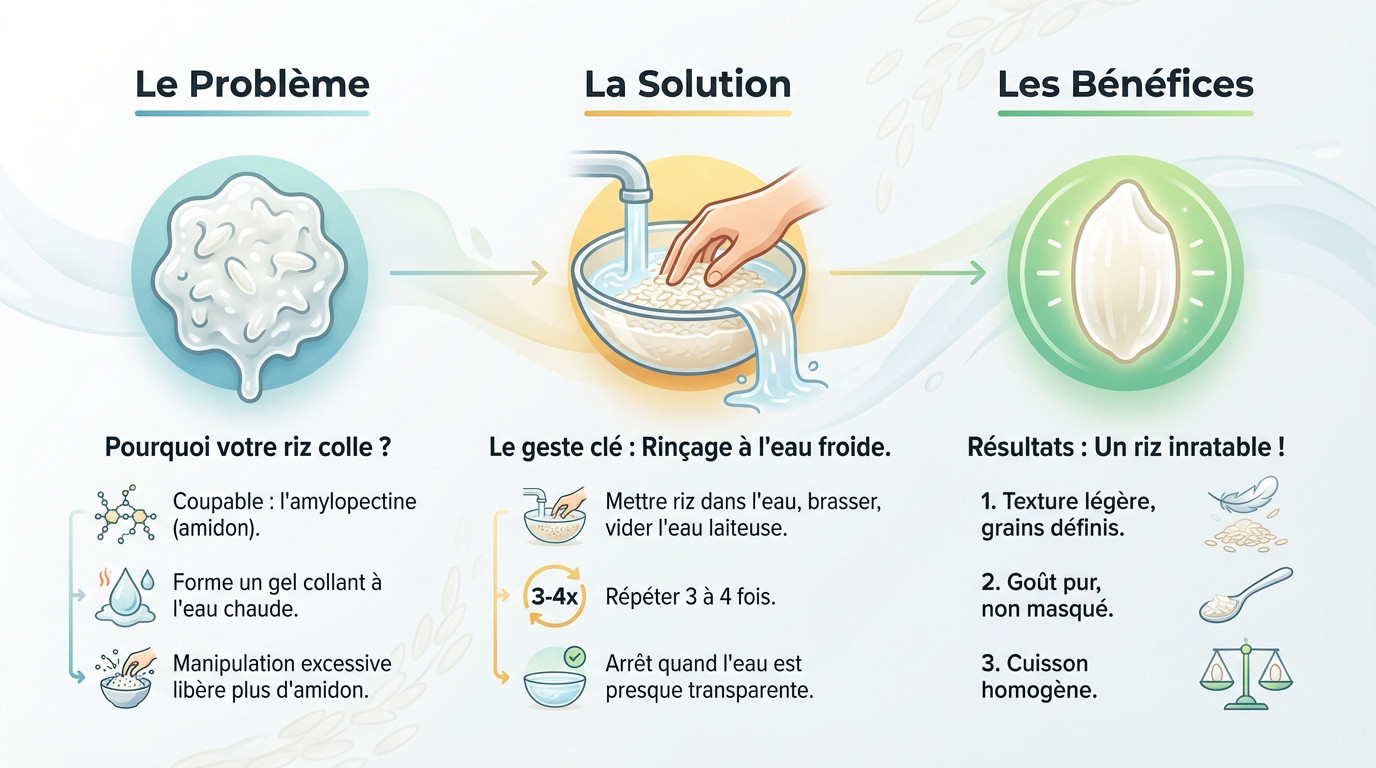 Infographie expliquant la gestion de l'amidon pour un riz parfait