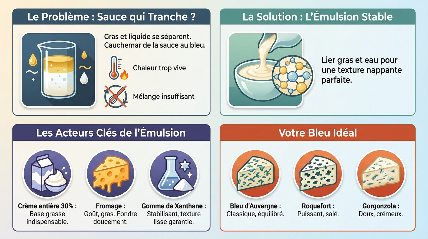 Schéma explicatif d'une émulsion stable pour sauce au bleu