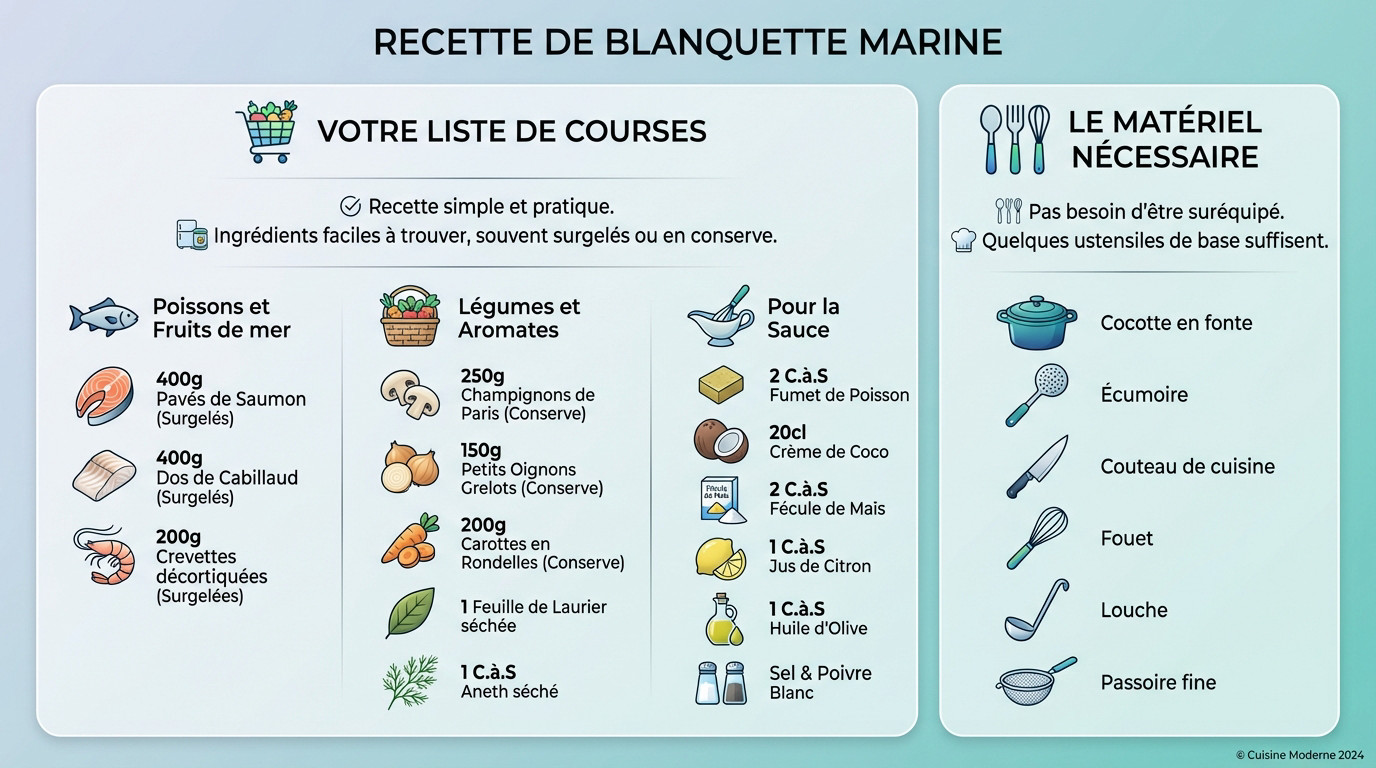 Infographie des ingrédients nécessaires pour la recette de blanquette de la mer
