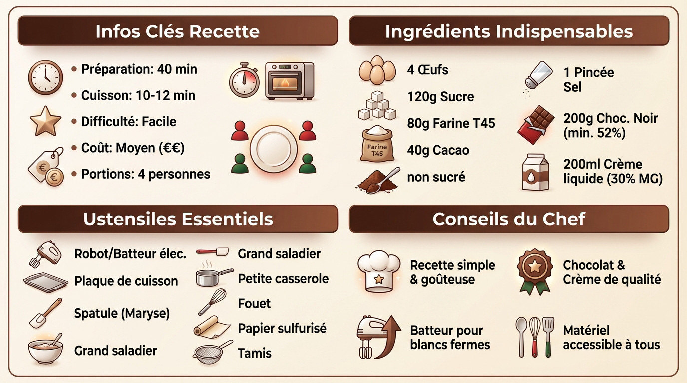 Infographie détaillant les étapes clés et ingrédients pour la bûche de Noël au chocolat facile
