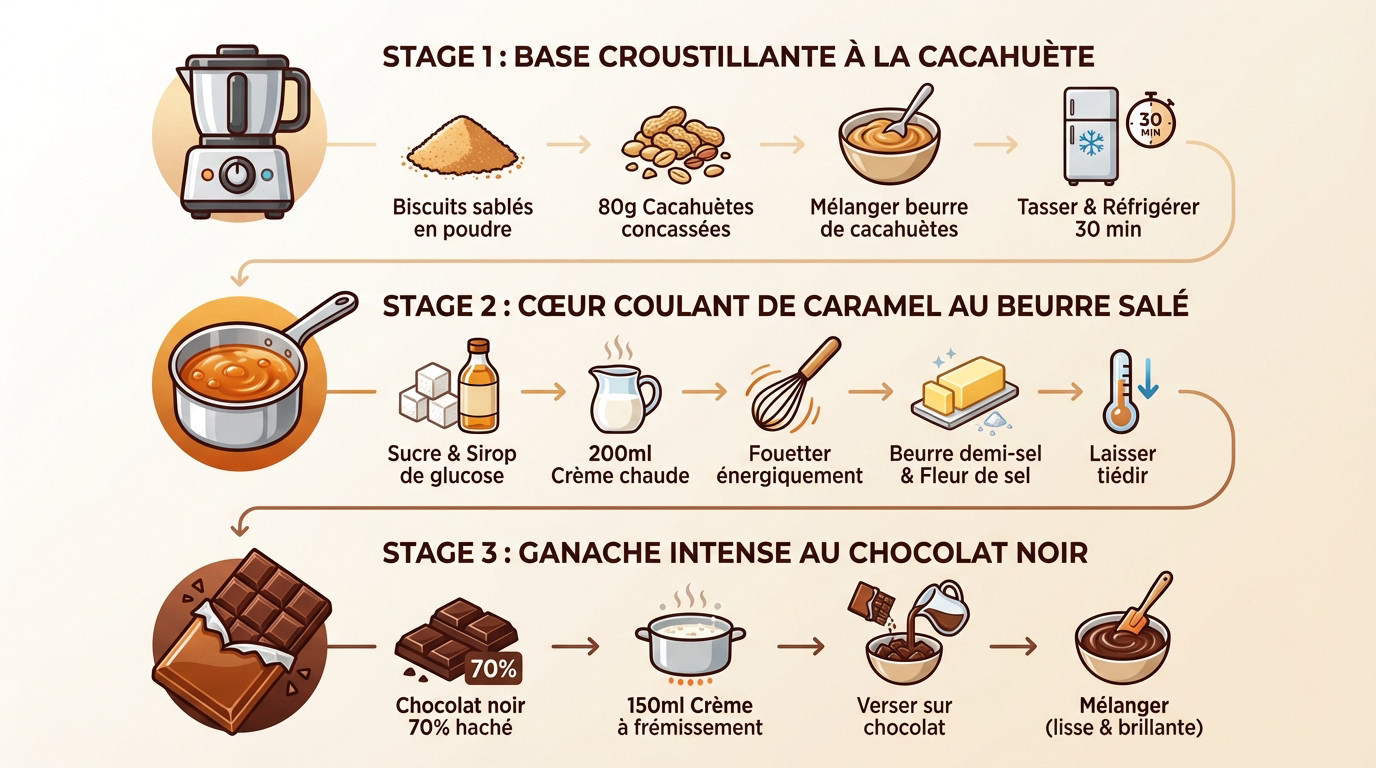 Ingrédients et étapes clés pour le dessert signature caramel chocolat cacahuètes