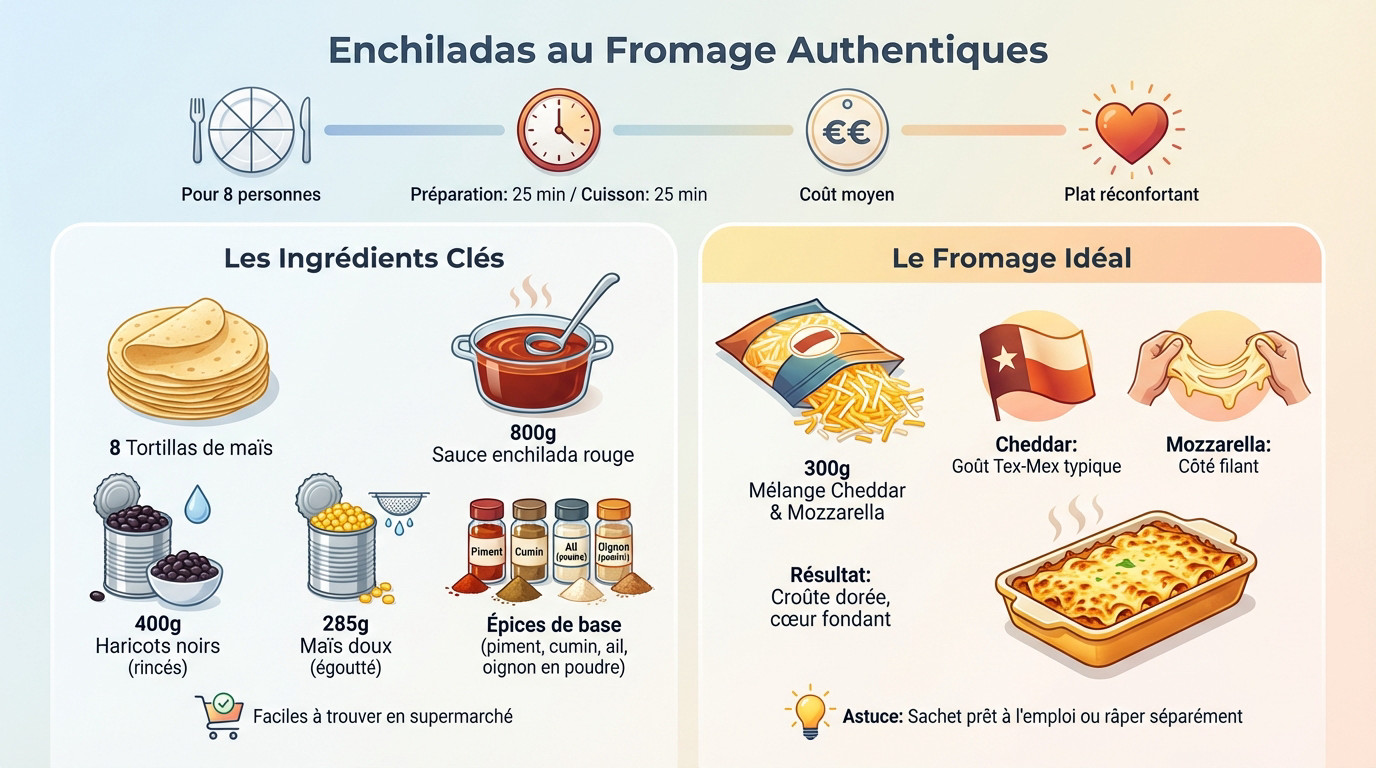 Infographie des ingrédients pour enchiladas au fromage authentiques