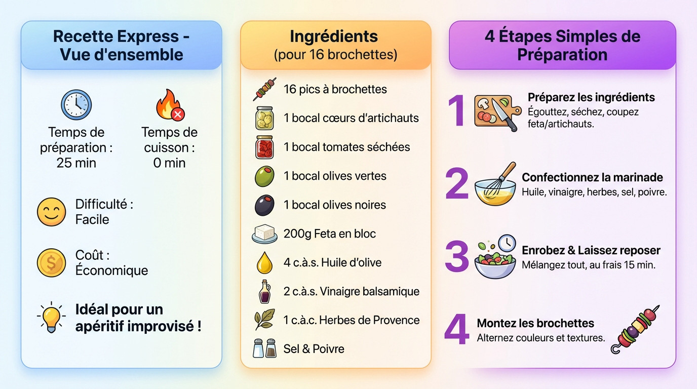 Infographie recette express de brochettes apéritives aux crudités et feta