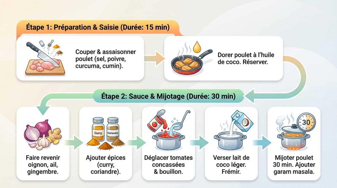 Infographie étape par étape pour réussir la cuisson du poulet en sauce
