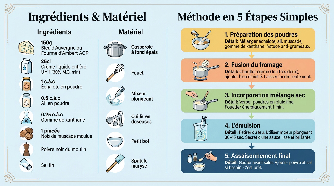 Infographie étapes préparation sauce au bleu émulsion