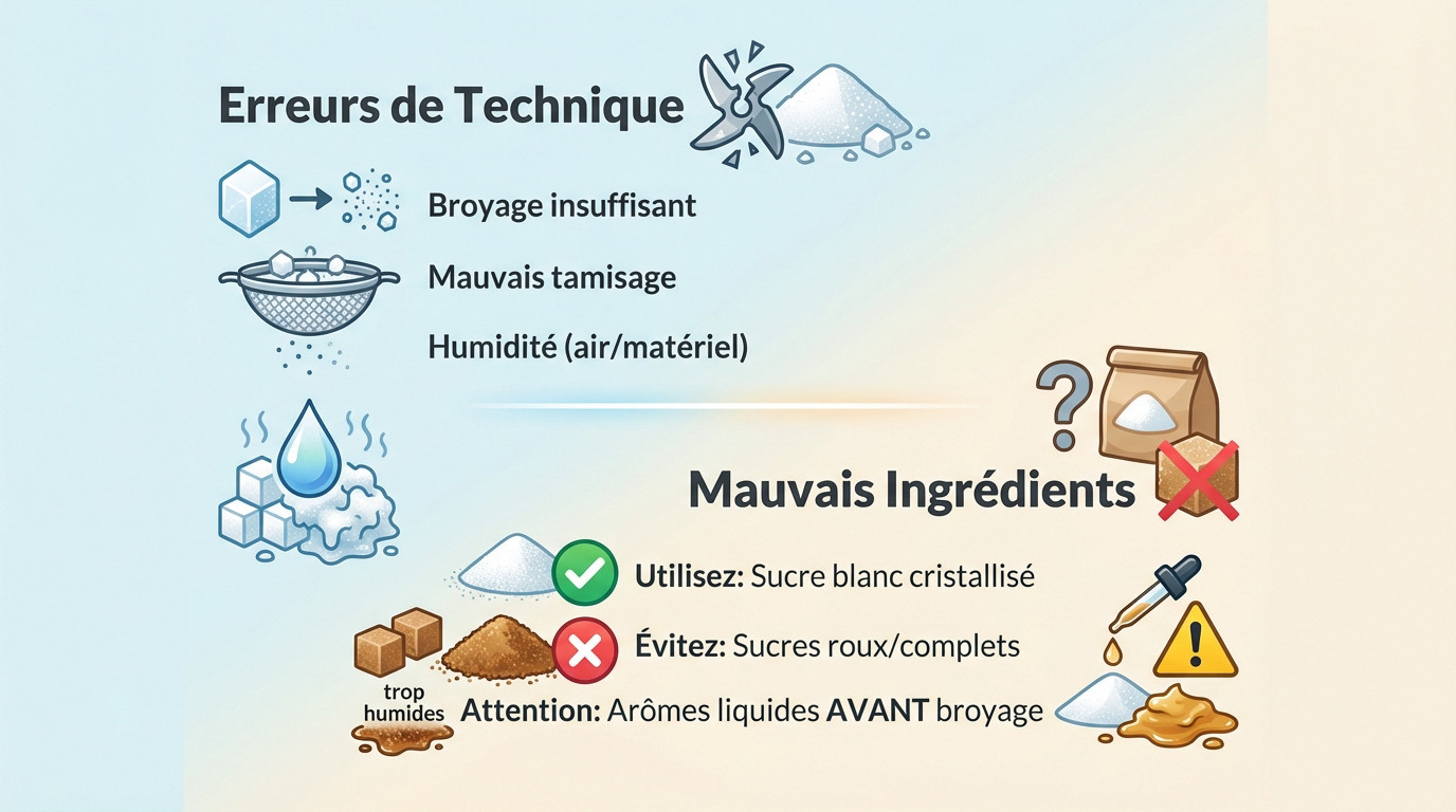 Infographie détaillant les pièges à éviter pour réussir son sucre glace maison