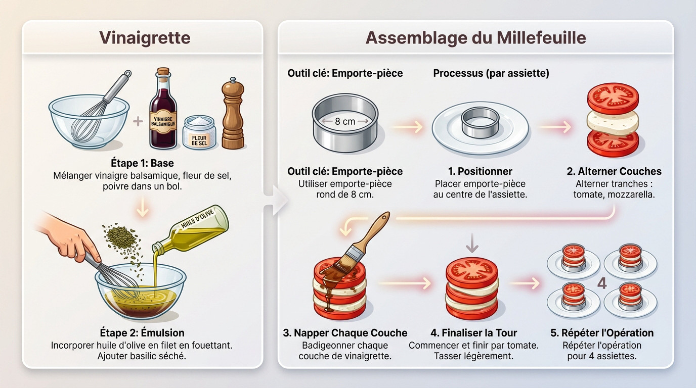 Infographie détaillée pour réussir la vinaigrette et le montage du millefeuille tomate mozzarella