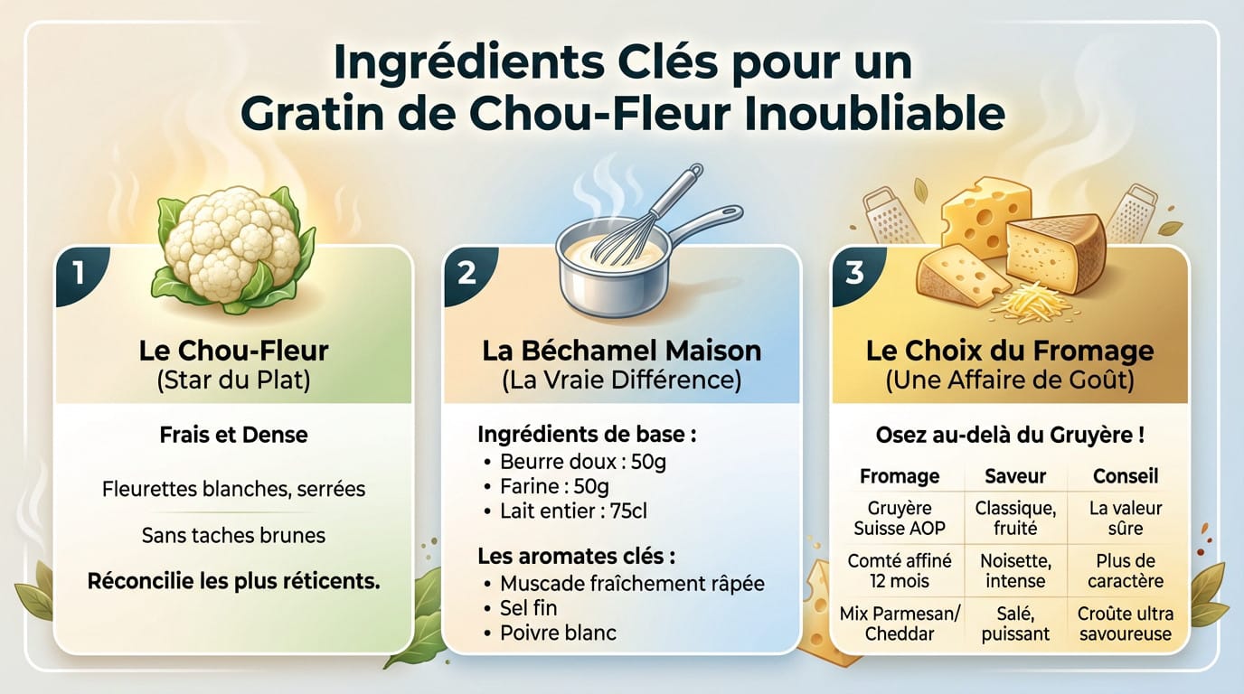 Ingrédients frais pour un gratin de chou-fleur réussi : chou-fleur dense, lait, beurre et fromage