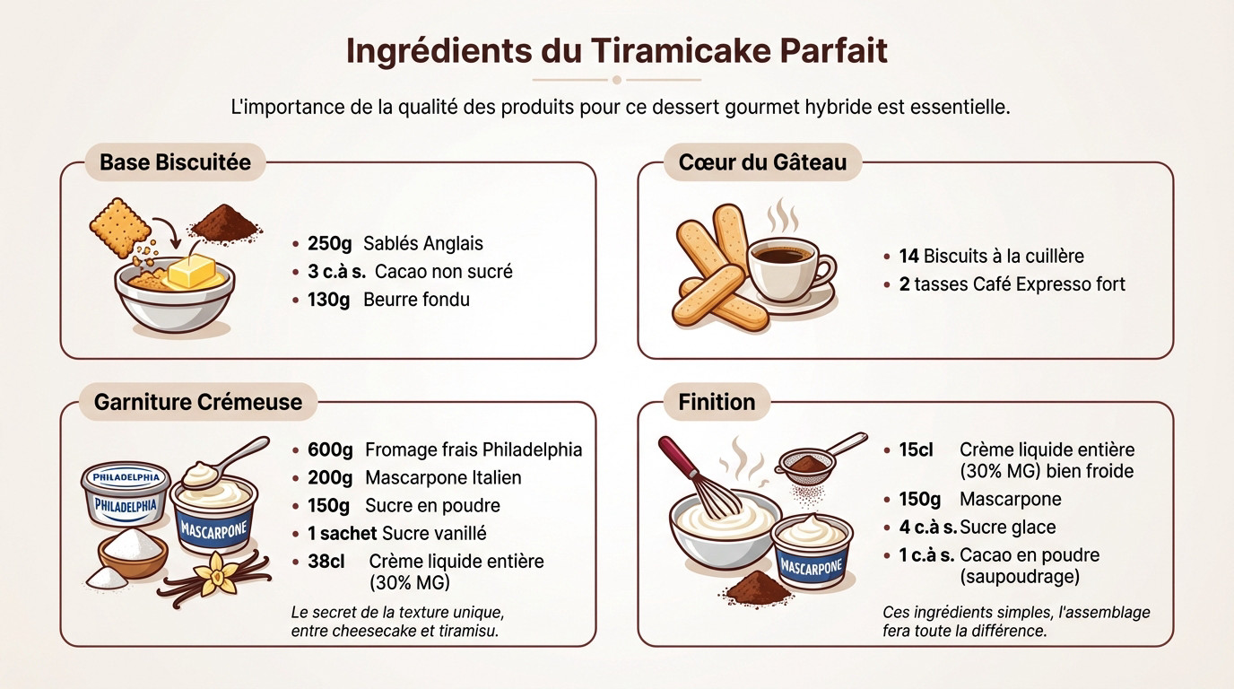 Ingrédients nécessaires pour la recette tiramicake : mascarpone, café, biscuits et fromage frais