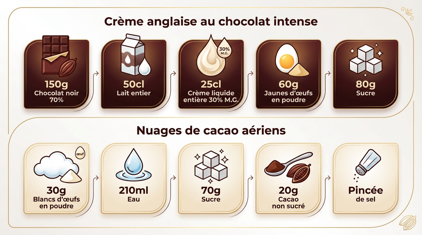 Ingrédients disposés pour une île flottante au chocolat : chocolat noir, œufs en poudre et cacao
