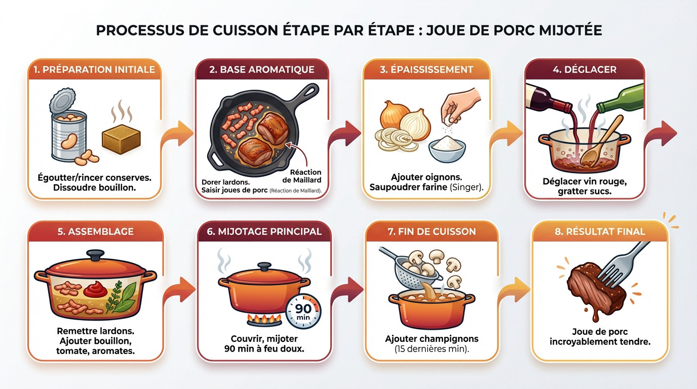 Préparation et cuisson mijotée de la joue de porc bourguignon en cocotte