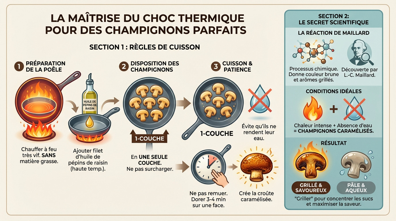 Champignons de Paris caramélisés dans une poêle en fonte selon la méthode du chef Philippe Etchebest