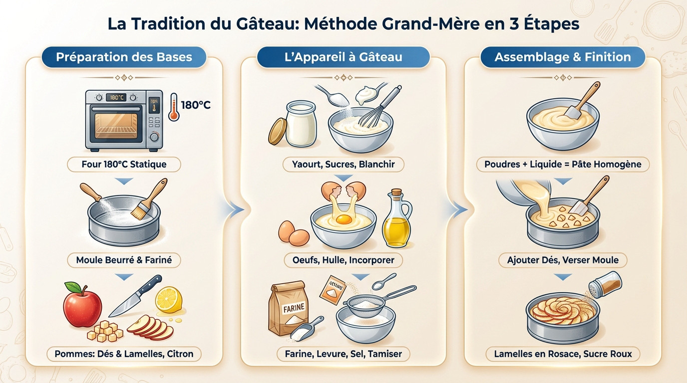 Préparation traditionnelle du gâteau pommes-yaourt étape par étape