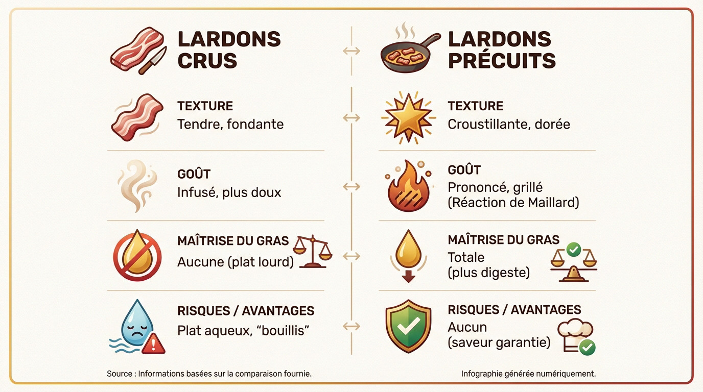 Comparatif visuel entre lardons crus et précuits pour réussir sa tartiflette