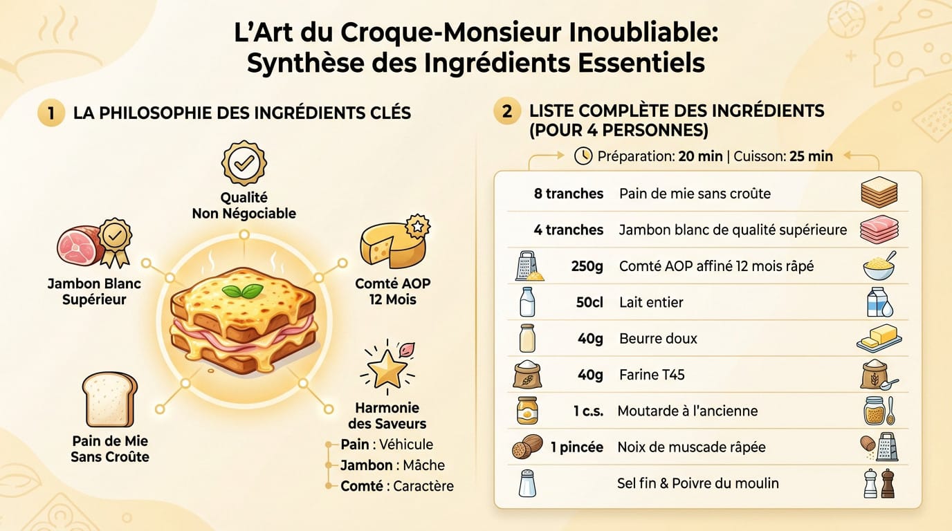 Ingrédients frais pour croque-monsieur : Comté AOP, jambon supérieur et pain de mie