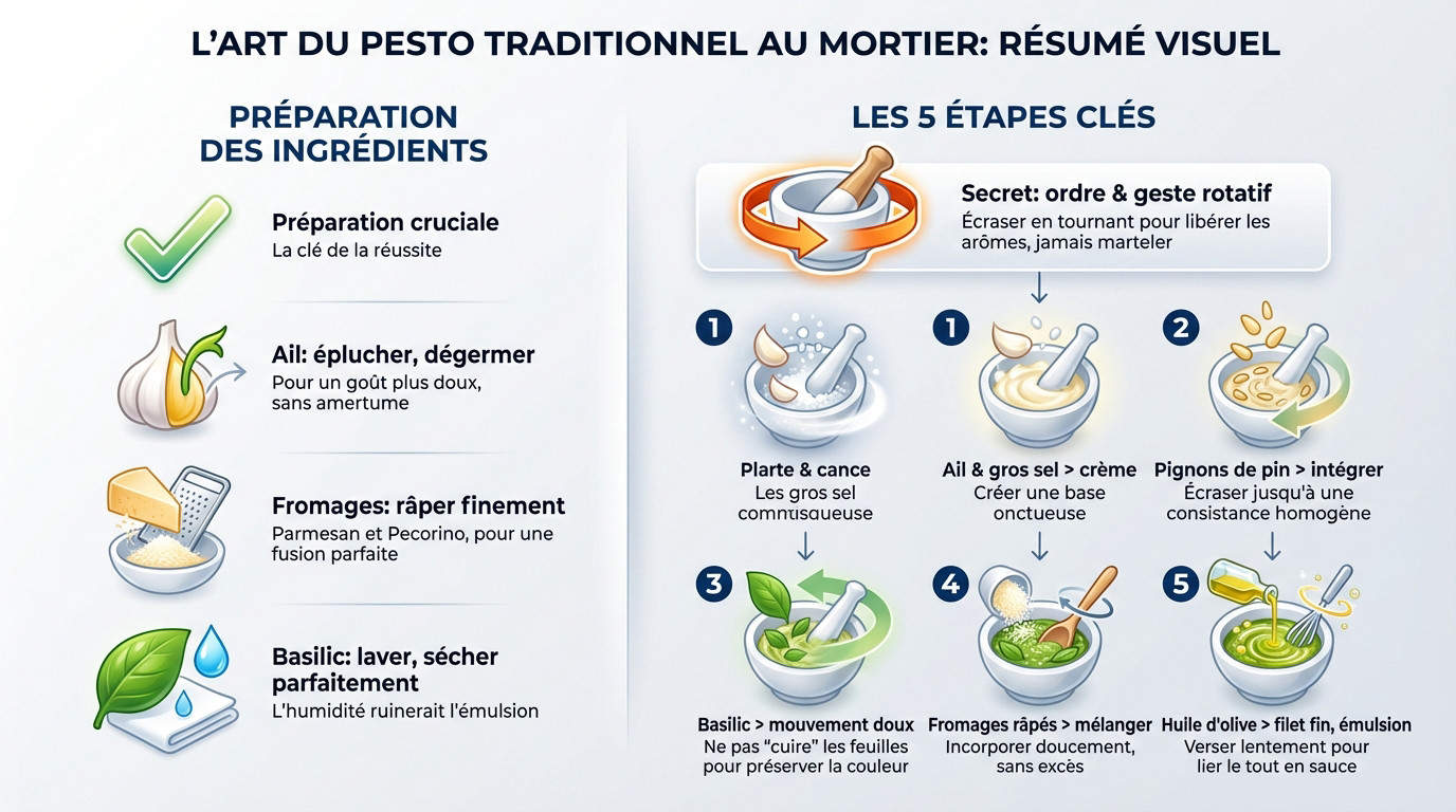 Préparation authentique du pesto genovese au mortier en marbre et pilon en bois