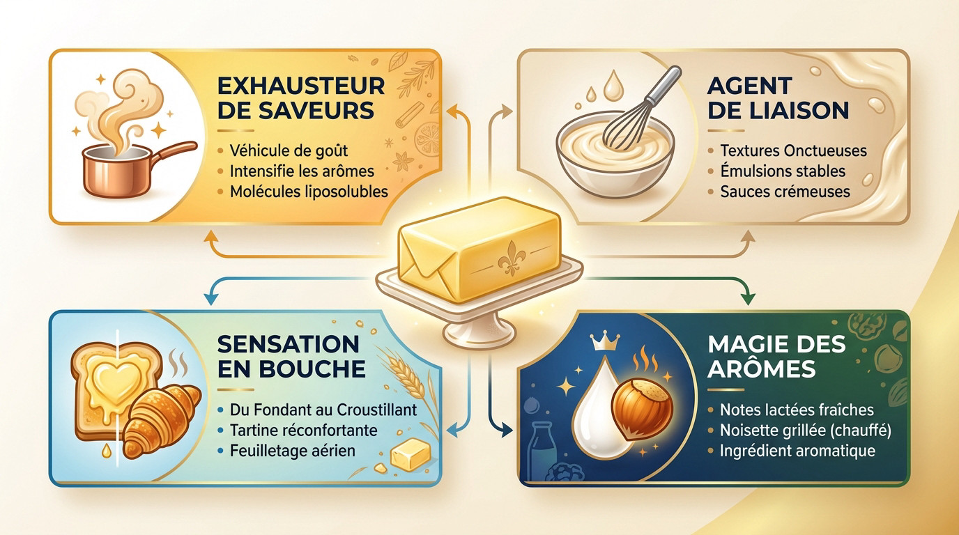Schéma illustrant les 4 rôles clés du beurre en cuisine française : exhausteur de goût, agent de liaison, créateur de texture et apport aromatique