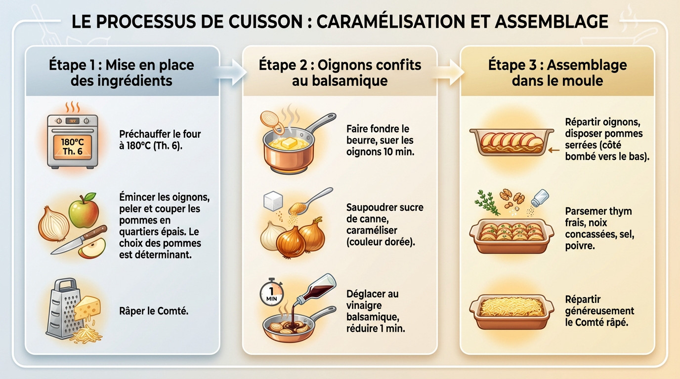 Cuisson des oignons confits et assemblage de la tatin salée
