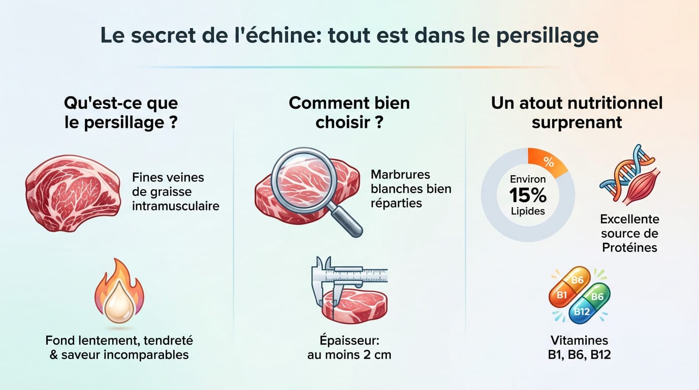 Tranche d'échine de porc crue montrant un persillage intramusculaire riche et bien réparti