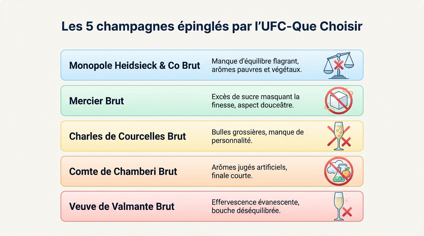 Sélection de bouteilles de champagne en rayon, illustrant les références à éviter selon l'UFC-Que Choisir