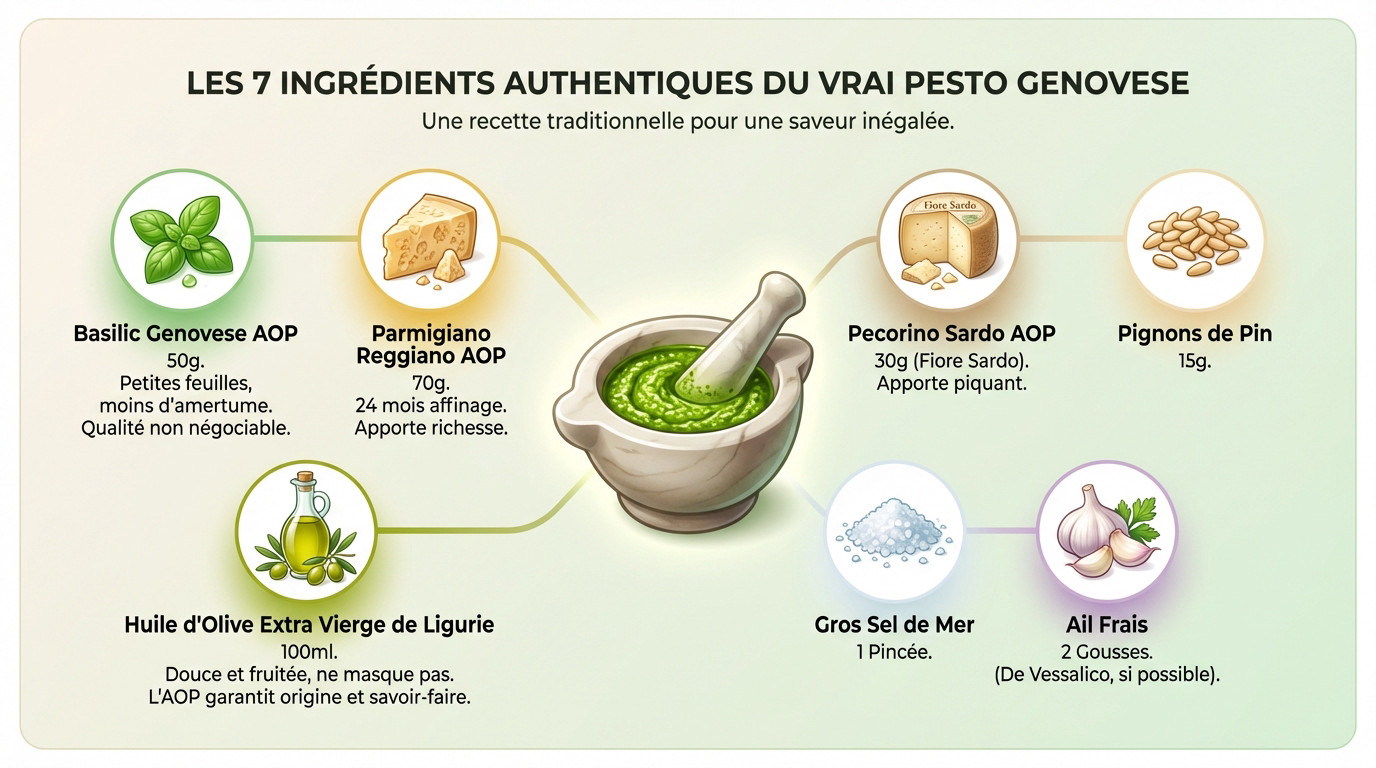 Ingrédients frais pour le Pesto Genovese : basilic, pignons, ail, fromages et huile d'olive