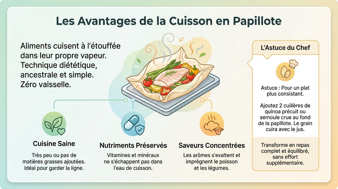 Papillote de poisson ouverte montrant une cuisson vapeur saine et des légumes colorés