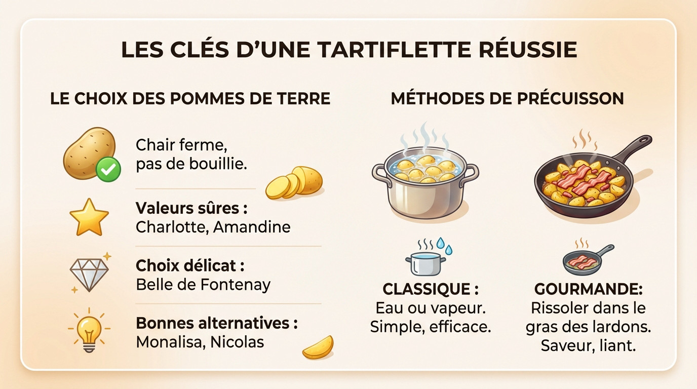 Ingrédients pour tartiflette : pommes de terre à chair ferme et lardons
