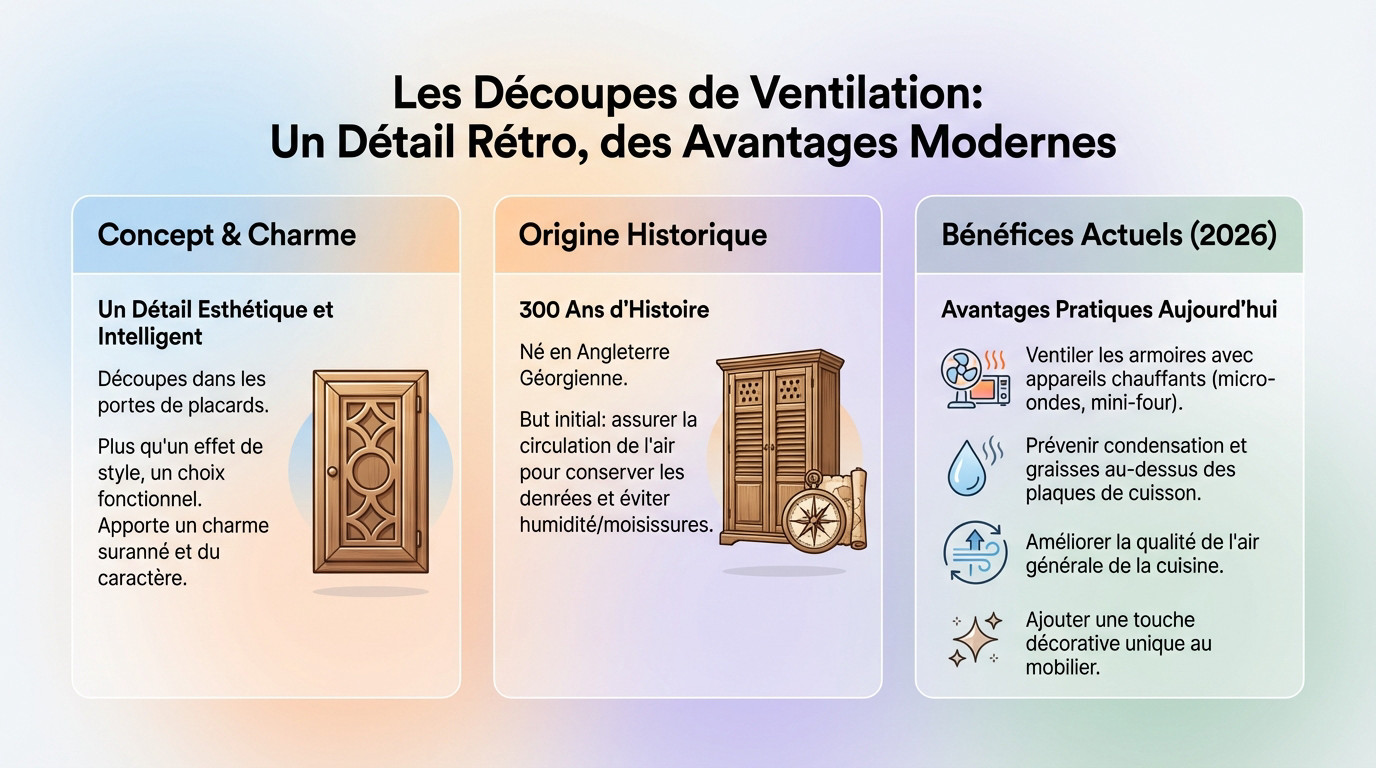 Découpes de ventilation rétro sur porte de placard de cuisine tendance 2026