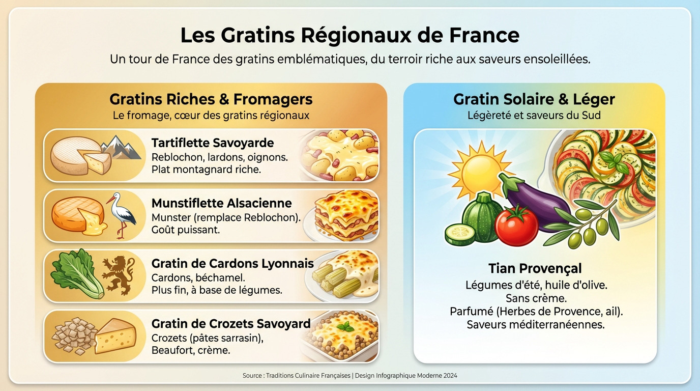 Carte illustrée présentant les gratins régionaux de France comme la tartiflette et le tian