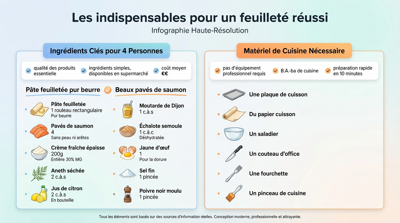 Ingrédients frais et pâte feuilletée pour recette saumon