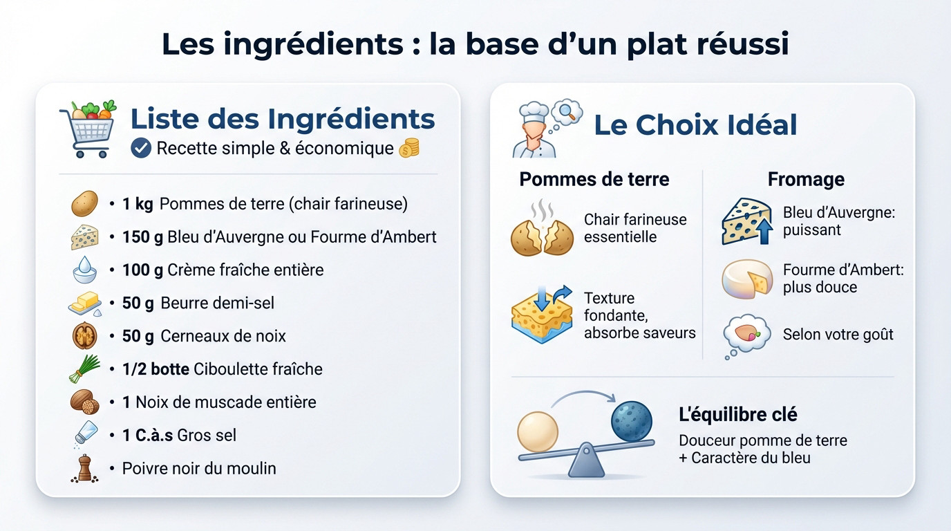 Ingrédients frais pour un écrasé de pommes de terre au bleu : pommes de terre, fromage, noix et ciboulette