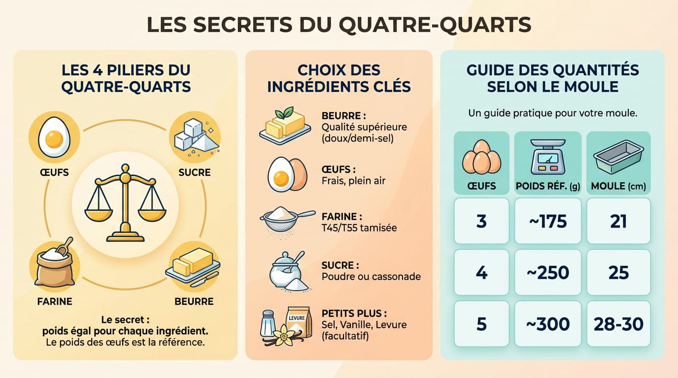 Quatre-quarts doré et moelleux présenté sur une table, illustrant la recette traditionnelle aux quatre ingrédients