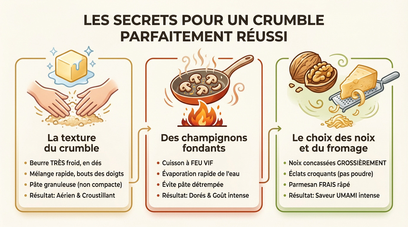 Ingrédients et texture idéale pour un crumble salé champignons noix réussi