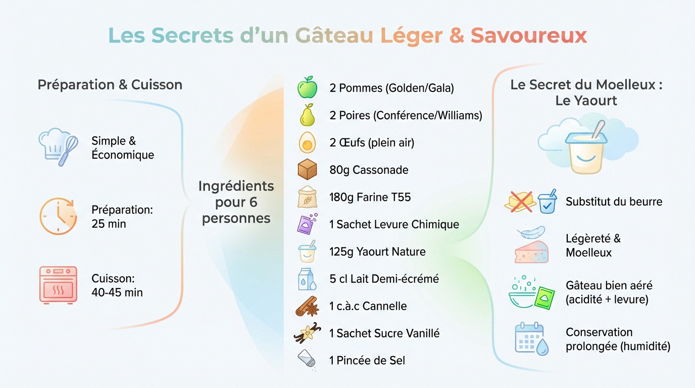 Gâteau moelleux pommes poires au yaourt sans beurre sur une table d'automne