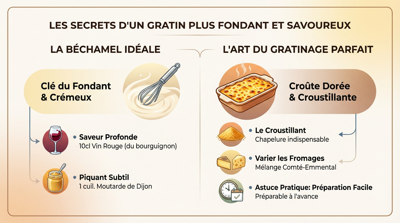 Gratin de coquillettes au bœuf bourguignon fondant avec une croûte dorée