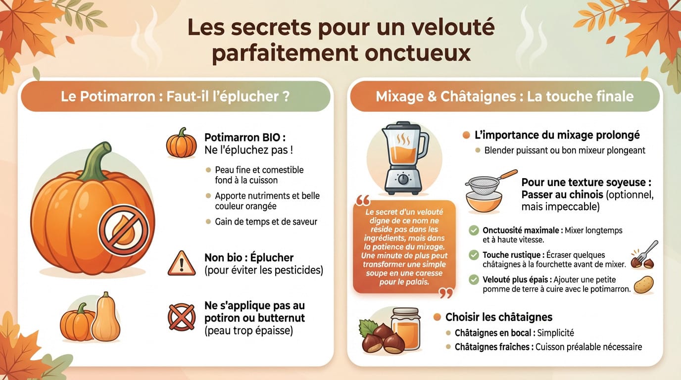 Texture onctueuse d'un velouté de potimarron servi dans un bol avec des éclats de châtaignes